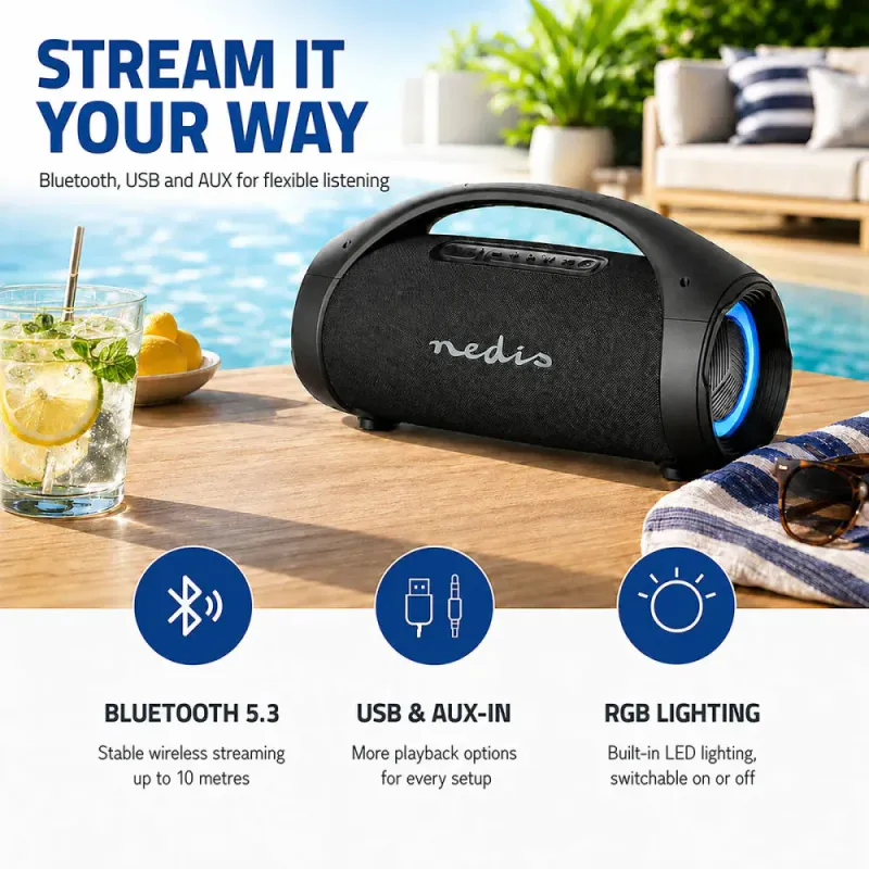 Bluetooth Høyttaler - Party Boombox 150 watt - Oppladbar med Partylys