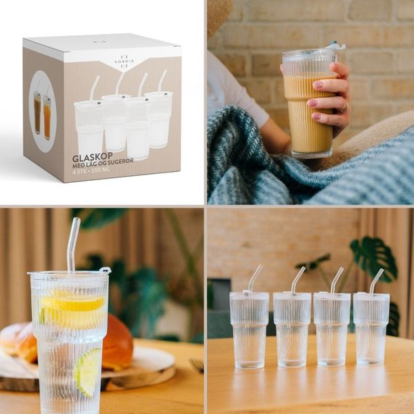 Hovedbilde Glasskopp med Lokk og Sugerør 4 stk i pakke