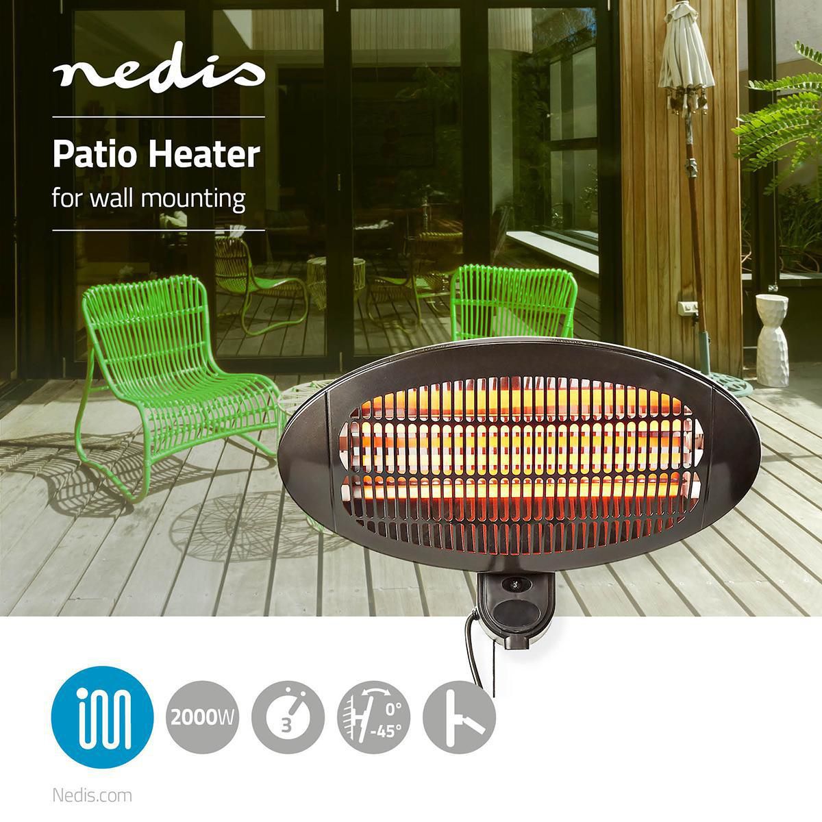 Terrassevarmer med 3 innstillinger for veggoppheng 650-1300-2000 watt