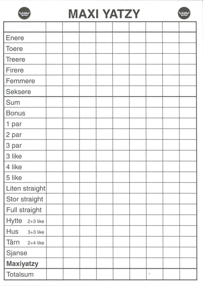 Maxi-Yatzy Blokk - Refill Blokk Uten Terninger
