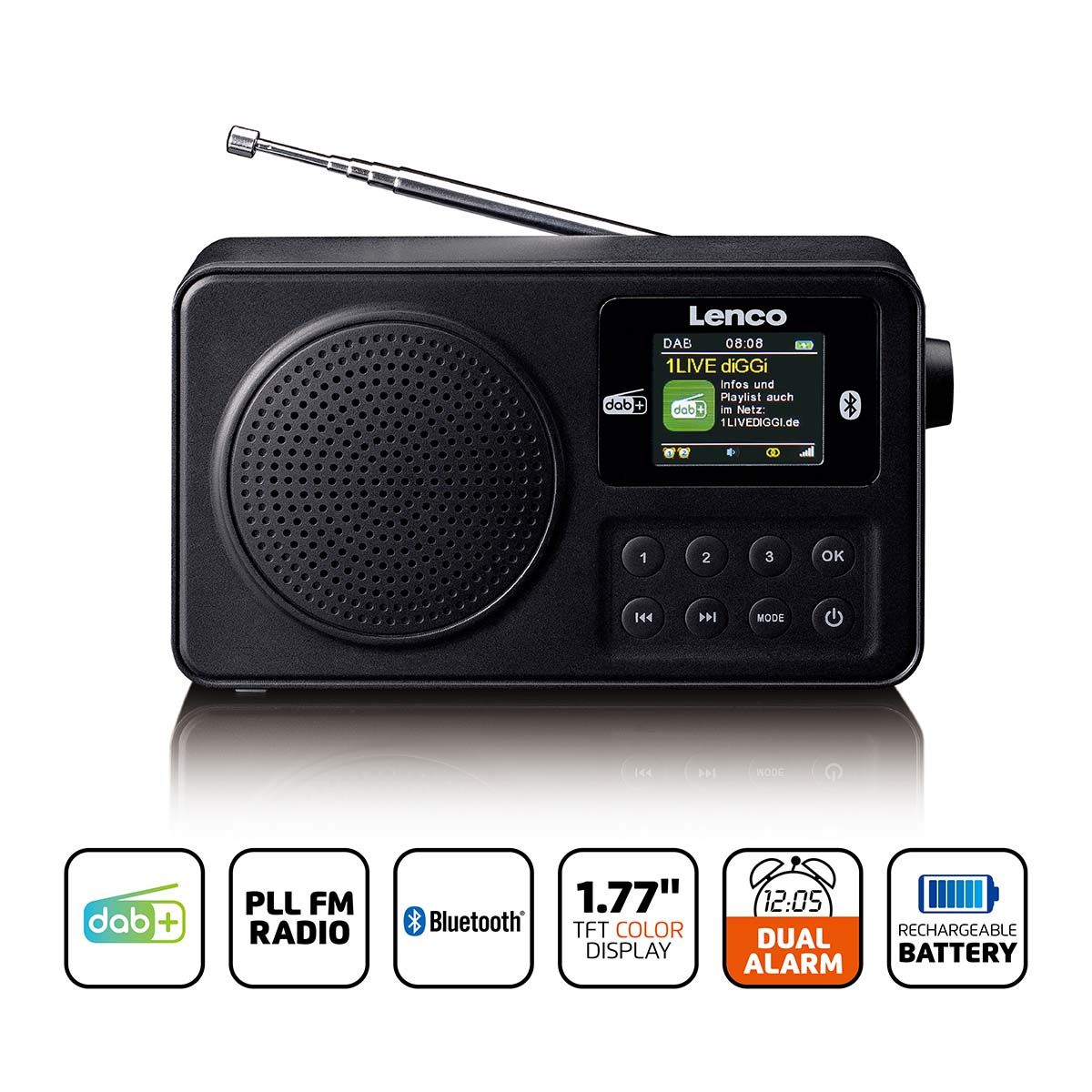 Bærbar DAB+/FM-radio med Bluetooth og Oppladbart Batteri - Lenco Nødradio