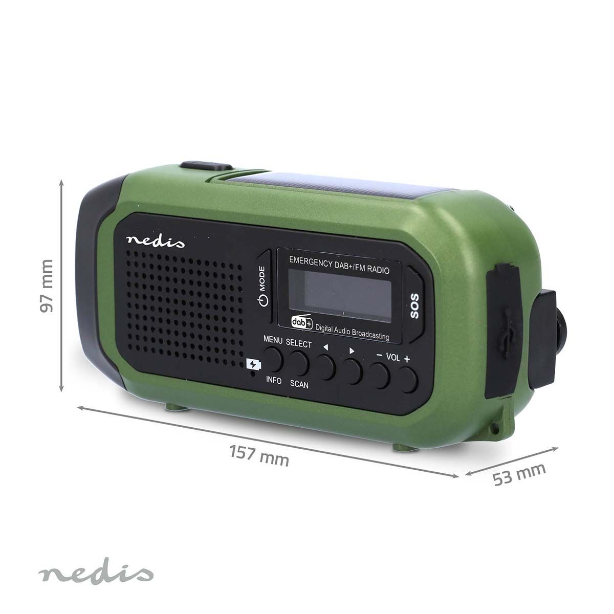 DAB+ Radio Med Batteri, Solcelle og Dynamolading - Nedis Nødradio