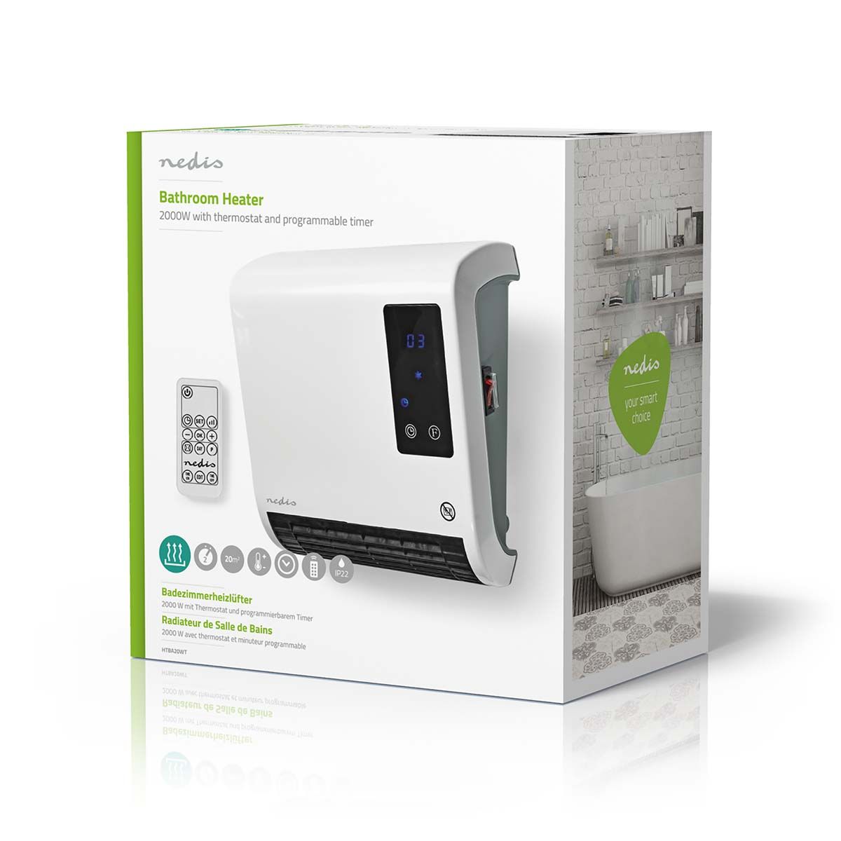 Baderomsovn - 2000 W - Justerbar Termostat - IP22 - Fjernkontroll