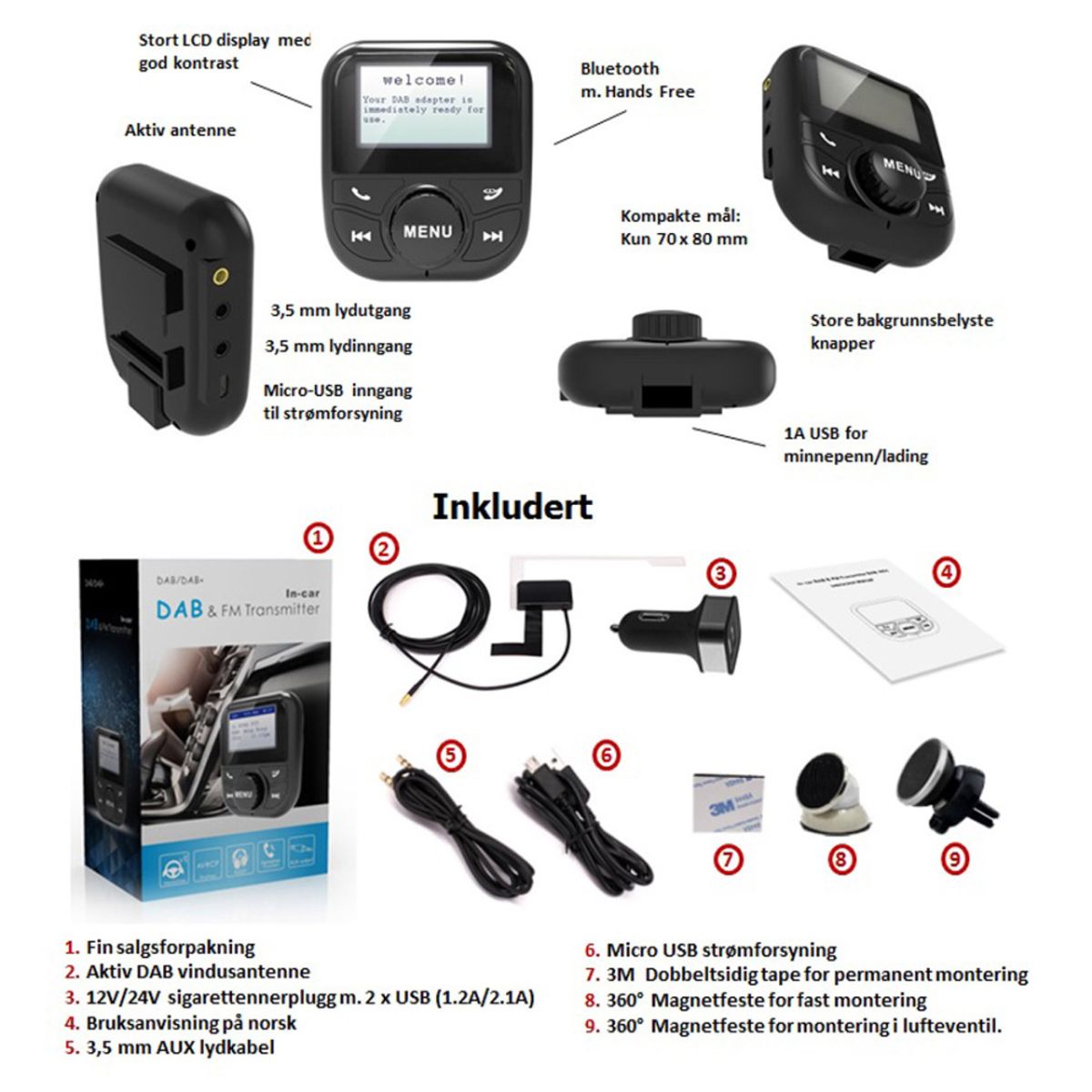 DAB+ Adapter med Bluetooth, Aux og Handsfree oppkobling