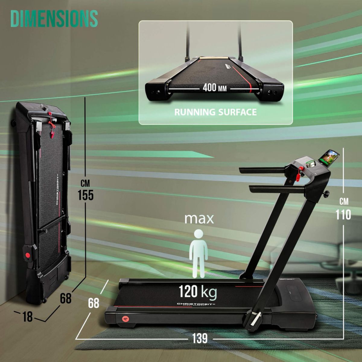 Tredemølle - Max 14 km/t - 8 Elektriske stigningsnivåer  - Plassbesparende